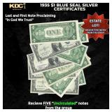 5x 1935 $1 Blue Seal Silver Certificates Grades CU