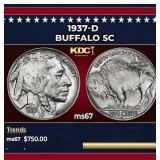 1937-d Buffalo Nickel 5c ms67 SEGS
