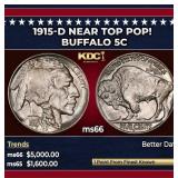 1915-d Buffalo Nickel Near Top Pop! 5c ms66 SEGS