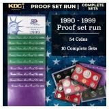 1990-1999 Full Decade Proof Set Run - 54 Coins, 10