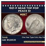 1921-p Peace Dollar Near Top Pop $1 ms66 SEGS