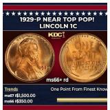 1929-p Lincoln Cent Near Top Pop! 1c ms66+ rd SEGS