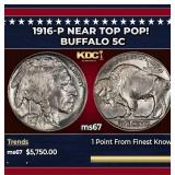 1916-p Buffalo Nickel Near Top Pop! 5c ms67 SEGS
