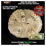 15x 1953 $5 Red Seal United States Note Grades VF