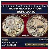 1921-p Buffalo Nickel Near Top Pop! 5c ms67+ SEGS