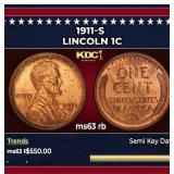 1911-s Lincoln Cent 1c Grades ms63 rb