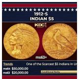 1912-s Gold Indian Half Eagle $5 ms63+ USCG