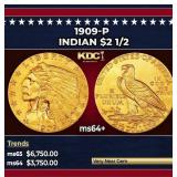 1909-p Gold Indian Quarter Eagle $2 1/2 ms64+ SEGS