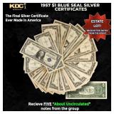 5x 1957 $1 Blue Seal Silver Certificates Grades AU