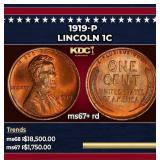 1919-p Lincoln Cent 1c ms67+ rd SEGS