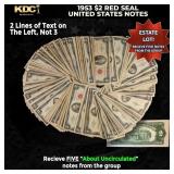 5x 1953 $2 Red Seal United States Note Grades AU
