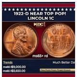 1922-d Lincoln Cent Near Top Pop! 1c ms65+ rd SEGS