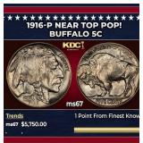 1916-p Buffalo Nickel Near Top Pop! 5c ms67 SEGS