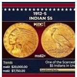1912-s Gold Indian Half Eagle $5 Select Unc USCG