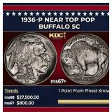1936-p Buffalo Nickel Near Top Pop 5c ms67+ SEGS