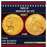 1912-p Gold Indian Quarter Eagle $2 1/2 ms65 SEGS