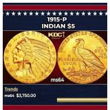 1915-p Gold Indian Half Eagle $5 Choice Unc USCG
