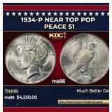 1934-p Peace Dollar Near Top Pop $1 ms66 SEGS