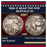 1936-d Buffalo Nickel Near Top Pop 5c ms67 SEGS