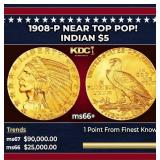 1908-p Gold Indian Half Eagle Near Top Pop! $5 GEM