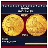 1911-p Gold Indian Half Eagle $5 Choice Unc USCG