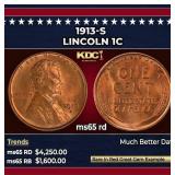 1913-s Lincoln Cent 1c ms65 rd SEGS