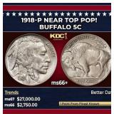1918-p Buffalo Nickel Near Top Pop! 5c ms66+ SEGS