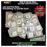10x 1935 $1 Blue Seal Silver Certificates Heavily