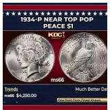 1934-p Peace Dollar Near Top Pop $1 ms66 SEGS