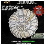 5x 1953 $2 Red Seal United States Note Heavily Cir