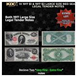 1x 1917 $1 & 1917 $2 Large Size Red Seal Legal Ten