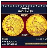 1909-s Gold Indian Half Eagle $5 Choice+ Unc USCG