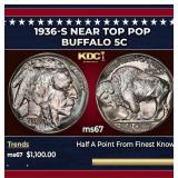 1936-s Buffalo Nickel Near Top Pop 5c ms67 SEGS