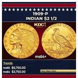 1909-p Gold Indian Quarter Eagle $2 1/2 ms64+ SEGS