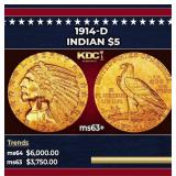 1914-d Gold Indian Half Eagle $5 Select+ Unc USCG