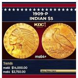 1909-p Gold Indian Half Eagle $5 Choice+ Unc USCG