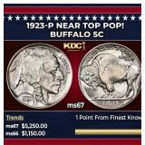 1923-p Buffalo Nickel Near Top Pop! 5c ms67 SEGS