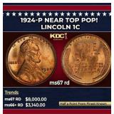 1924-p Lincoln Cent Near Top Pop! 1c ms67 rd SEGS