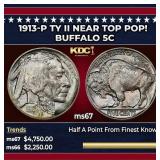 1913-p Ty II Buffalo Nickel Near Top Pop! 5c ms67