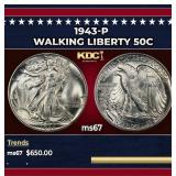 1943-p Walking Liberty Half Dollar 50c ms67 SEGS