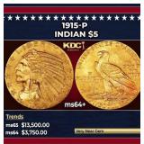 1915-p Gold Indian Half Eagle $5 Choice+ Unc USCG