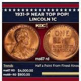 1931-p Lincoln Cent Near Top Pop! 1c ms67 rd SEGS