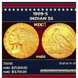 1909-s Gold Indian Half Eagle $5 Choice Unc USCG