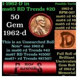 BU Shotgun Lincoln 1c roll, 1962-d 50 pcs Bank Wra