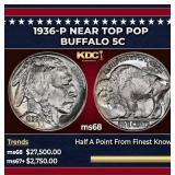 1936-p Buffalo Nickel Near Top Pop 5c ms68 SEGS