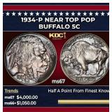 1934-p Buffalo Nickel Near Top Pop 5c ms67 SEGS