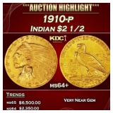 1910-p Gold Indian Quarter Eagle $2 1/2 ms64+ SEGS