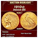 1910-d Gold Indian Half Eagle $5 ms64+ USCG