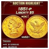 1851-p Gold Liberty Half Eagle $5 ms62+ USCG