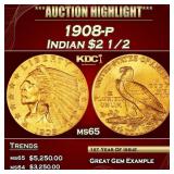 1908-p Gold Indian Quarter Eagle $2 1/2 ms65 SEGS
